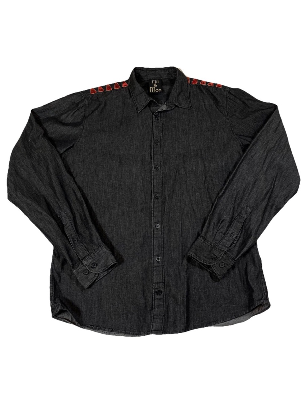 Nil & Mon "Kizz" Graphic Black Denim Button Up Shirt Love‎ Sun Rock Parody Sz M